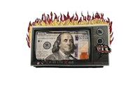 a tv with a dollar bill on it in flames
